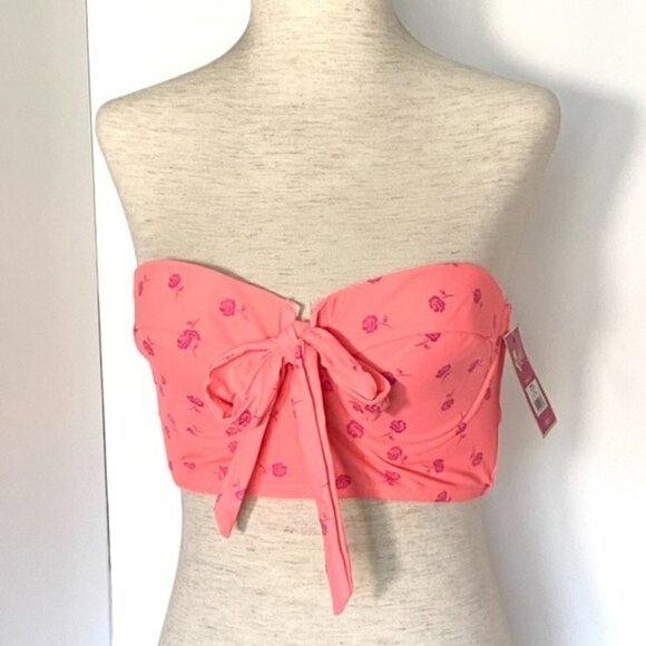Candies Coral Pink Long Line Bandeau Strapless Structured Bikini Top Sz M Floral - Picture 1 of 16